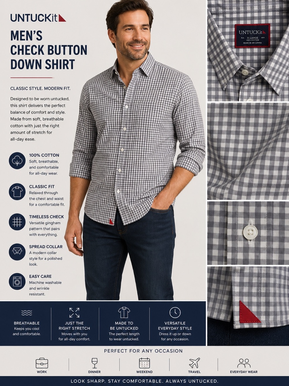 UNTUCKit Men’s Gray Check Button-Down Shirt